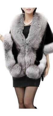 UMREN Women's Luxury Party Faux Fox Fur Long Shawl Cloak One Size B-dark Grey